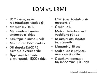 LOM vs. LRMI
• LOM (vana, nagu
raamatukogu kataloog)
• Mahukas: 7-10 lk
• Metaandmed asuvad
andmebaasikirjes
• Kasutaja: inimene sirvib
• Muutmine: töömahukas
• Oli aluseks EstCORE
esimesele versioonile
• Õppekava teemade
taksonoomia: 5000+ rida
• LRMI (uus, toetab otsi-
mootoreid)
• Õhuke: 2 lk
• Metaandmed asuvad
veebilehe päises
• Kasutaja: otsimootor
indekseerib
• Muutmine: lihtne
• Saab aluseks EstCORE
uuele versioonile
• Õppekava teemade
taksonoomia: 500+ rida
http://lrmi.dublincore.net
 