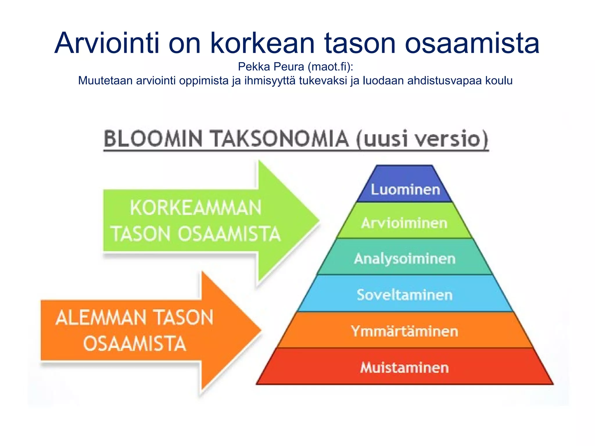 Arviointi on korkean tason osaamista
Pekka Peura (maot.fi):
Muutetaan arviointi oppimista ja ihmisyyttä tukevaksi ja luodaan ahdistusvapaa koulu
 