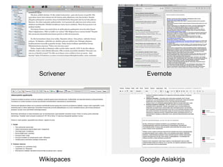 Scrivener Evernote
Google AsiakirjaWikispaces
 
