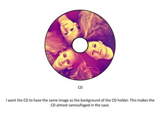 CD
I want the CD to have the same image as the background of the CD holder. This makes the
CD almost camouflaged in the case.
 