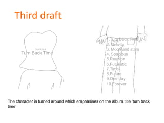 Third draft
Turn Back Time
1.Turn Back Time
2. Gravity
3. Moon and stars
4. Spacious
5.Reunion
6.Futuristic
7.Time
8.Future
9.One day
10.Forever
The character is turned around which emphasises on the album title ‘turn back
time’
S A R G A
 