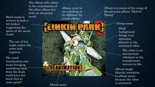 Album is a remix of the songs of 
the previous album “Hybrid 
Theory” 
Group name 
Album name 
Album image 
directly correlates 
to album name 
because the robot 
is animated. 
Band name is 
written to look a 
bit broken 
suggesting the 
genre of the music 
(rock) 
The word 
reanimation also 
mean bringing 
something back 
from the dead, 
could have the 
band died at 
some point? 
Dark 
background 
brings your 
attention 
directly to the 
animated robot 
Album cover is 
eye catching as 
its different for 
a rock album. 
The use of low 
angle makes the 
robot look 
superior. 
The robot is an 
intertextual 
reference to the 
transformers 
cartoon in 80s 
The album title refers 
to the reanimation of 
the other album but 
with an electronic 
touch. 
 