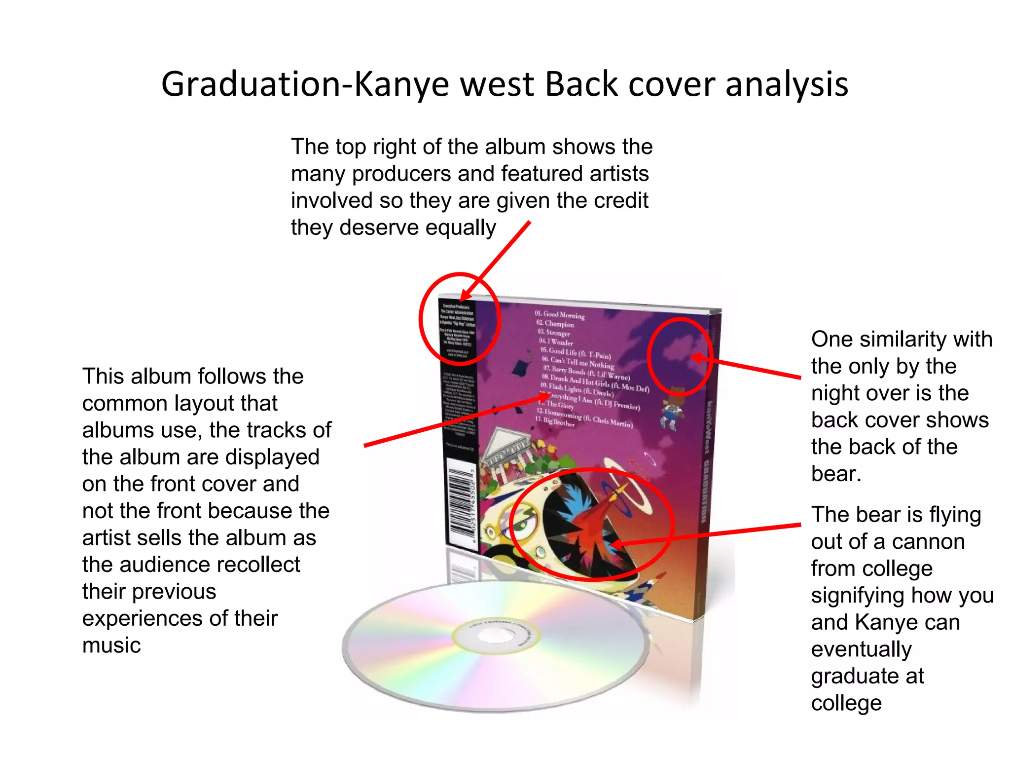 Graduation-Kanye west Back cover analysis One similarity with the only by the night over is the back cover shows the back of the bear. The bear is flying out of a cannon from college signifying how you and Kanye can eventually graduate at college The top right of the album shows the many producers and featured artists involved so they are given the credit they deserve equally This album follows the common layout that albums use, the tracks of the album are displayed on the front cover and not the front because the artist sells the album as the audience recollect their previous experiences of their music 