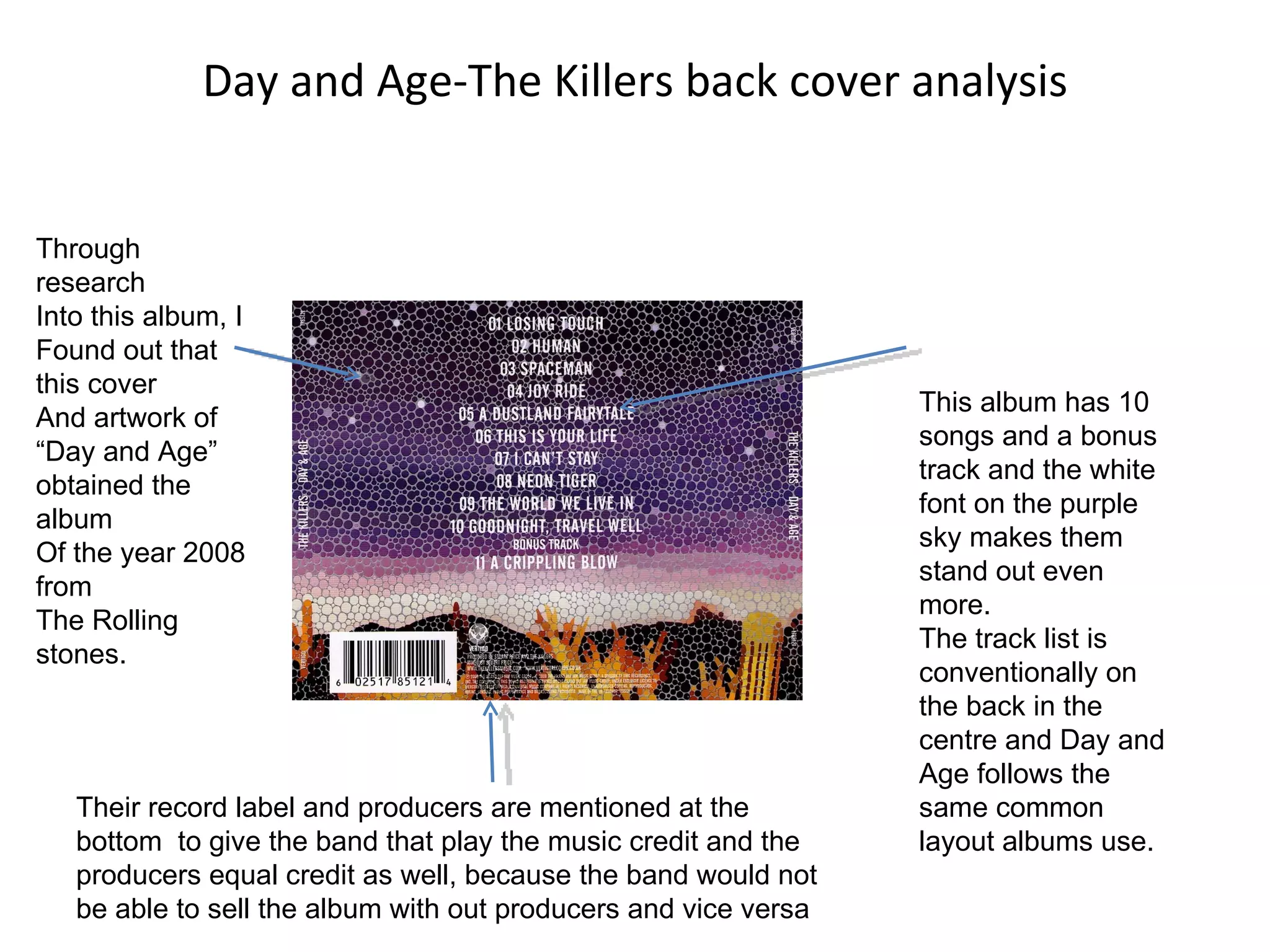 Day and Age-The Killers back cover analysis This album has 10 songs and a bonus track and the white font on the purple sky makes them stand out even more. The track list is conventionally on the back in the centre and Day and Age follows the same common layout albums use. Their record label and producers are mentioned at the bottom  to give the band that play the music credit and the producers equal credit as well, because the band would not be able to sell the album with out producers and vice versa  Through research Into this album, I Found out that this cover And artwork of “Day and Age” obtained the album Of the year 2008 from The Rolling stones. 