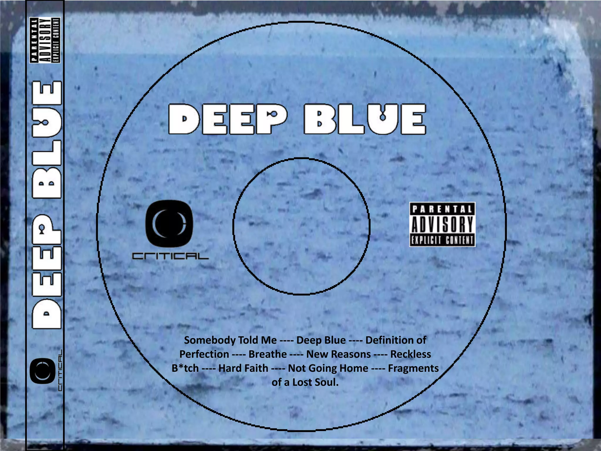 Somebody Told Me ---- Deep Blue ---- Definition of
 Perfection ---- Breathe ---- New Reasons ---- Reckless
B*tch ---- Hard Faith ---- Not Going Home ---- Fragments
                      of a Lost Soul.
 