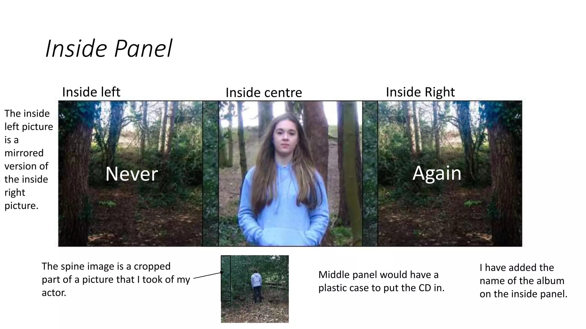 Inside Panel
Inside left Inside RightInside centre
The inside
left picture
is a
mirrored
version of
the inside
right
picture.
The spine image is a cropped
part of a picture that I took of my
actor.
Middle panel would have a
plastic case to put the CD in.
Never Again
I have added the
name of the album
on the inside panel.
 