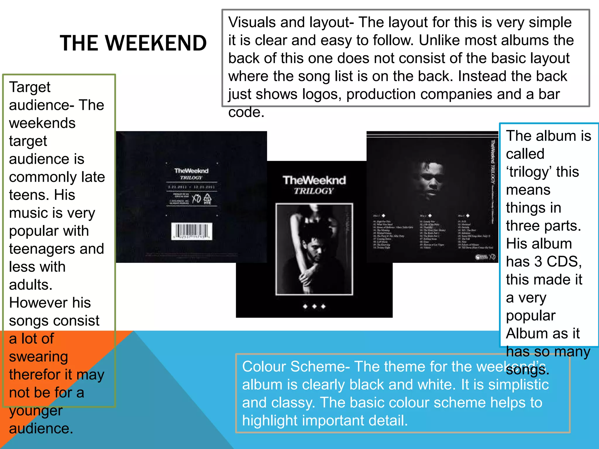 THE WEEKEND
Colour Scheme- The theme for the weekend’s
album is clearly black and white. It is simplistic
and classy. The basic colour scheme helps to
highlight important detail.
Visuals and layout- The layout for this is very simple
it is clear and easy to follow. Unlike most albums the
back of this one does not consist of the basic layout
where the song list is on the back. Instead the back
just shows logos, production companies and a bar
code.
Target
audience- The
weekends
target
audience is
commonly late
teens. His
music is very
popular with
teenagers and
less with
adults.
However his
songs consist
a lot of
swearing
therefor it may
not be for a
younger
audience.
The album is
called
‘trilogy’ this
means
things in
three parts.
His album
has 3 CDS,
this made it
a very
popular
Album as it
has so many
songs.
 