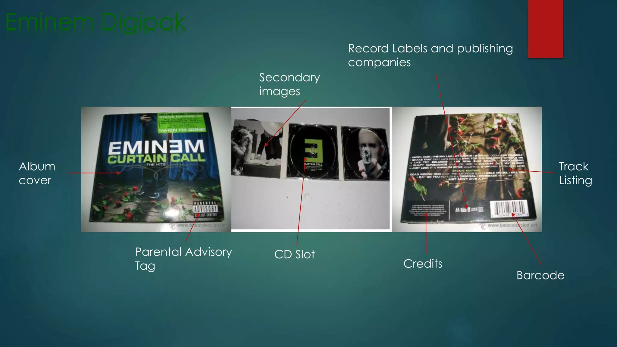 Eminem Digipak
Secondary
images
Album
cover
CD SlotParental Advisory
Tag
Track
Listing
Barcode
Record Labels and publishing
companies
Credits
 