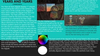 The Years & Years digipak displays ‘Y’ artwork
incorporating the colours of the rainbow. The
main colour of the outside of the digipak is
black which makes the digipak look slick and
minimalistic. The Years and Years ‘Y’ is a
common motif for the band and they use the
graphology as a backdrop for their stage
performances and merchandise thus making the
album distinctive to the artist. Not only does the
rainbow gradient stand out against the black,
but also acts as a lowkey symbol for the LGBT+
community of which the band are advocates for.
The front of the digipak doesn’t actually say the
album name or the band name, the Y is the only
indication that the album is by Y&Y. Although
the Y is subject and identifiable to just that
band, people unfamiliar to years and Years
won’t know that this digipak belongs to them
and could disregard it. The CD album however
does include the band’s and album’s name and
is the same design as the insert booklet found in
the digipak.
The back panel of the digipak has the songs listed in the centre and
still follows through with the rainbow gradient effect. By having the
album tracklist in the centre of the back panel, there is a sole focus
on it and the buyer’s attention is drawn to the song titles. The
tracklist doesn’t contain the song timings which is a feature that I
think is important. The barcode and legal information is also
centrally aligned which doesn’t make the aesthetic look messy.
The spine of the digipak is in-keeping with
the matte black panels however is in white
writing instead of rainbow to coincide with
the legal information and is easier to read
due to the text being very small
The inside panels follow through with the ‘Y’
artistic motif however is split into different
ends of the colour spectrum (red and blue vs
green and yellow). The background of the CD
holder is again a gradient of the rainbow
which ties in with the rainbow theme.
YEARS AND YEARS
COMMUNION
The disc displays a black
background as well as the ‘&’ sign
of the same colour scheme; the
only graphics through the whole
panel designs are ‘Y’ and ‘&’ which
indicate that the band is Years &
Years.
 