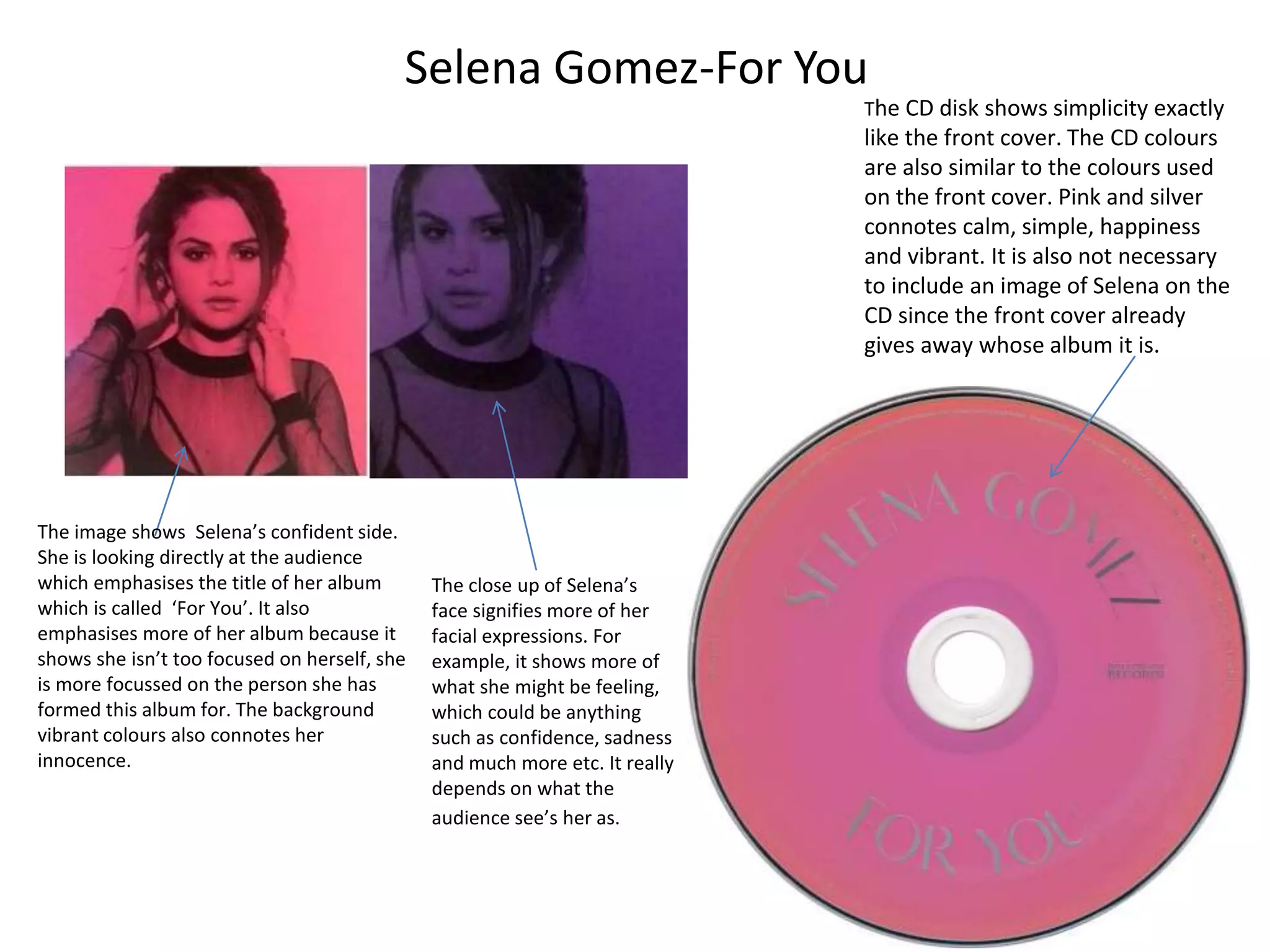 Selena Gomez-For You
The CD disk shows simplicity exactly
like the front cover. The CD colours
are also similar to the colours used
on the front cover. Pink and silver
connotes calm, simple, happiness
and vibrant. It is also not necessary
to include an image of Selena on the
CD since the front cover already
gives away whose album it is.
The image shows Selena’s confident side.
She is looking directly at the audience
which emphasises the title of her album
which is called ‘For You’. It also
emphasises more of her album because it
shows she isn’t too focused on herself, she
is more focussed on the person she has
formed this album for. The background
vibrant colours also connotes her
innocence.
The close up of Selena’s
face signifies more of her
facial expressions. For
example, it shows more of
what she might be feeling,
which could be anything
such as confidence, sadness
and much more etc. It really
depends on what the
audience see’s her as.
 