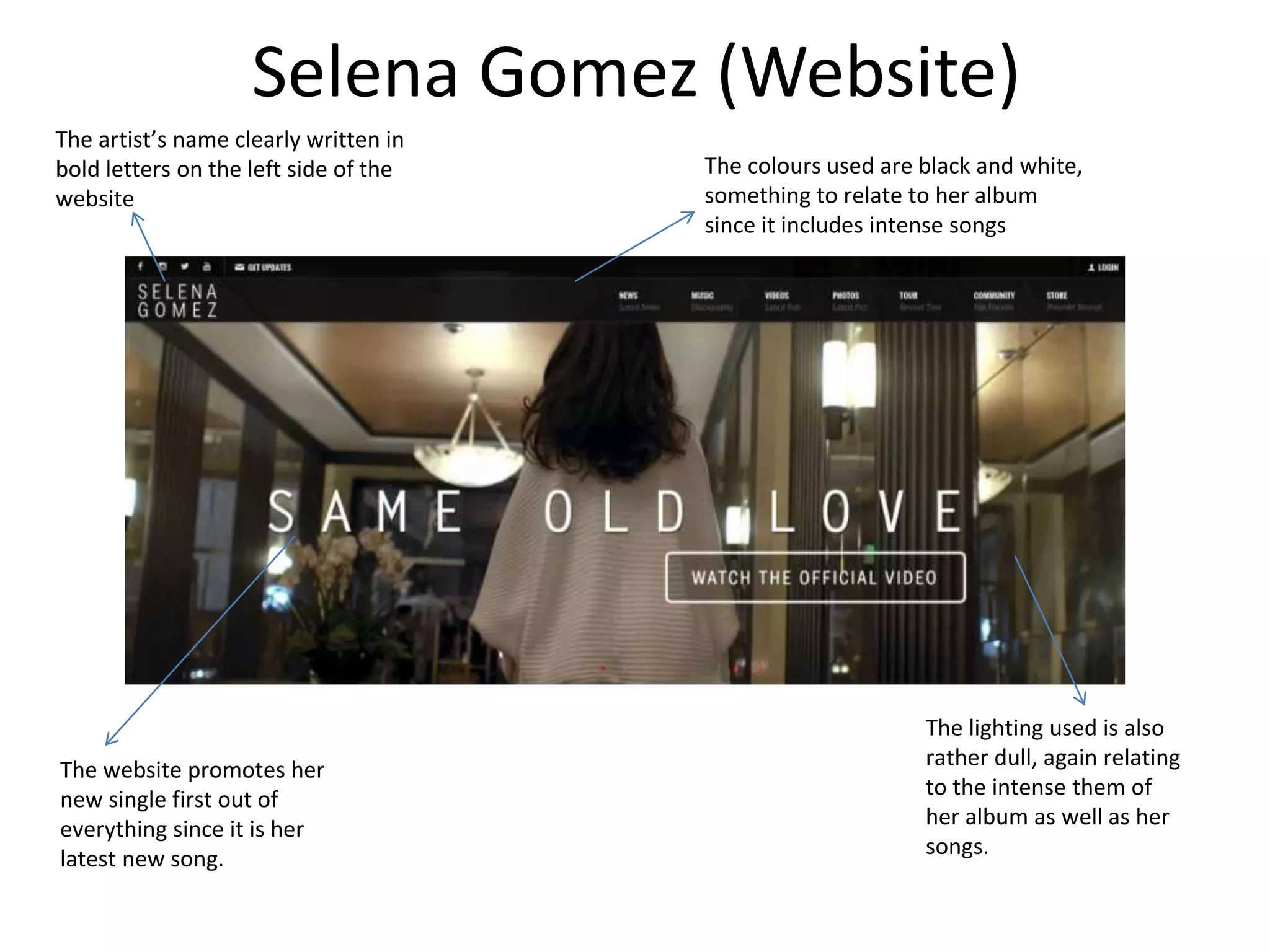 Selena Gomez (Website)
The artist’s name clearly written in
bold letters on the left side of the
website
The website promotes her
new single first out of
everything since it is her
latest new song.
The colours used are black and white,
something to relate to her album
since it includes intense songs
The lighting used is also
rather dull, again relating
to the intense them of
her album as well as her
songs.
 