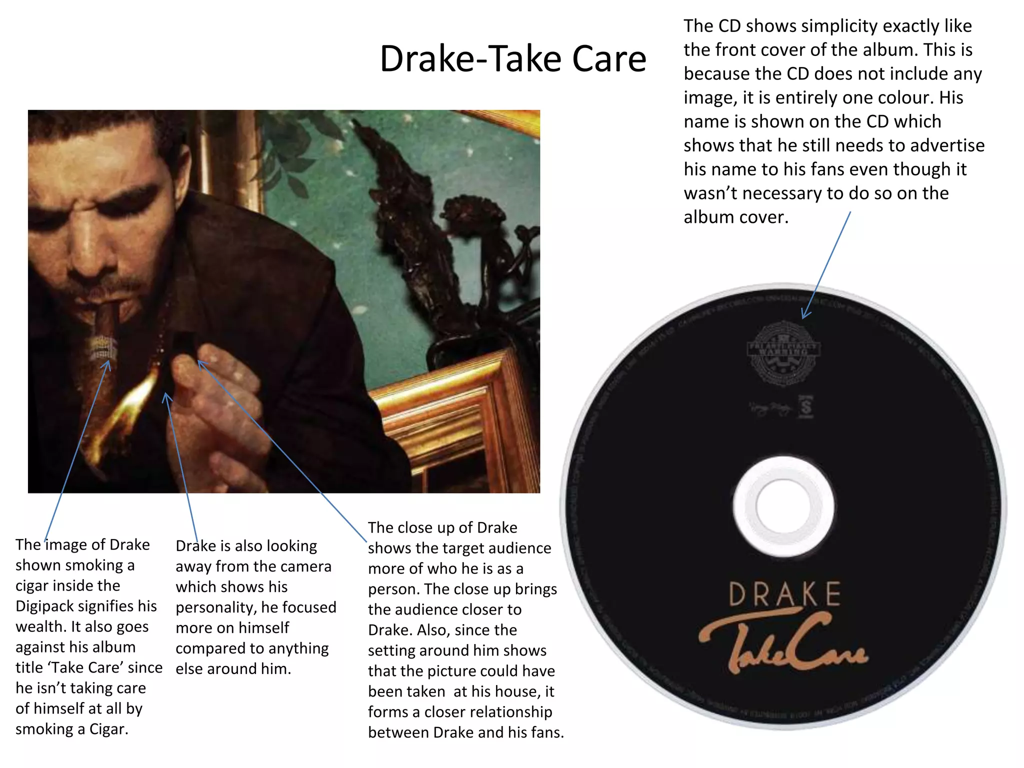 Drake-Take Care
The CD shows simplicity exactly like
the front cover of the album. This is
because the CD does not include any
image, it is entirely one colour. His
name is shown on the CD which
shows that he still needs to advertise
his name to his fans even though it
wasn’t necessary to do so on the
album cover.
The image of Drake
shown smoking a
cigar inside the
Digipack signifies his
wealth. It also goes
against his album
title ‘Take Care’ since
he isn’t taking care
of himself at all by
smoking a Cigar.
Drake is also looking
away from the camera
which shows his
personality, he focused
more on himself
compared to anything
else around him.
The close up of Drake
shows the target audience
more of who he is as a
person. The close up brings
the audience closer to
Drake. Also, since the
setting around him shows
that the picture could have
been taken at his house, it
forms a closer relationship
between Drake and his fans.
 
