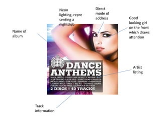 Name of
album
Artist
listing
Track
information
Neon
lighting, repre
senting a
nightclub
Good
looking girl
on the front
whi...