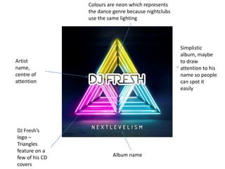 Artist
name,
centre of
attention
Colours are neon which represents
the dance genre because nightclubs
use the same lighting
Album name
Simplistic
album, maybe
to draw
attention to his
name so people
can spot it
easily
DJ Fresh’s
logo –
Triangles
feature on a
few of his CD
covers
 