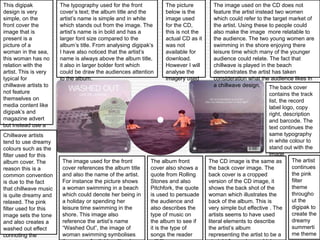 The typography used for the front
cover’s text; the album title and the
artist’s name is simple and in white
which stands out from the image. The
artist’s name is in bold and has a
larger font size compared to the
album’s title. From analysing digipak’s
I have also noticed that the artist’s
name is always above the album title,
it also in larger bolder font which
could be draw the audiences attention
to the album.
This digipak
design is very
simple, on the
front cover the
image that is
present is a
picture of a
woman in the sea,
this woman has no
relation with the
artist. This is very
typical for
chillwave artists to
not feature
themselves on
media content like
digipak’s and
magazine advert
but instead use a
representative of
the band or an
artwork
The back cover
contains the track
list, the record
label logo, copy
right, description
and barcode. The
text continues the
same typography
in white colour to
stand out with the
image
The image used for the front
cover references the album title
and also the name of the artist.
For instance the picture shows
a woman swimming in a beach
which could denote her being in
a holiday or spending her
leisure time swimming in the
shore. This image also
reference the artist’s name
“Washed Out”, the image of
woman swimming symbolises
Chillwave artists
tend to use dreamy
colours such as the
filter used for this
album cover. The
reason this is a
common convention
is due to the fact
that chillwave music
is quite dreamy and
relaxed. The pink
filter used for this
image sets the tone
and also creates a
washed out effect
connoting the
The album front
cover also shows a
quote from Rolling
Stones and also
Pitchfork, the quote
is used to persuade
the audience and
also describes the
type of music on
the album to see if
it is the type of
songs the reader
The picture
below is the
image used
for the CD,
this is not the
actual CD as it
was not
available for
download.
However I will
analyse the
imagery used
The image used on the CD does not
feature the artist instead two women
which could refer to the target market of
the artist. Using these to people could
also make the image more relatable to
the audience. The two young women are
swimming in the shore enjoying there
leisure time which many of the younger
audience could relate. The fact that
chillwave is played in the beach
demonstrates the artist has taken
consideration what the audience likes in
a chillwave design.
The CD image is the same as
the back cover image. The
back cover is a cropped
version of the CD image, it
shows the back shot of the
woman which illustrates the
back of the album. This is
very simple but effective . The
artists seems to have used
literal elements to describe
the artist’s album
representing the artist to be a
The artist
continues
the pink
filter
theme
througho
ut the
digipak to
create the
dreamy
summerti
me theme
 