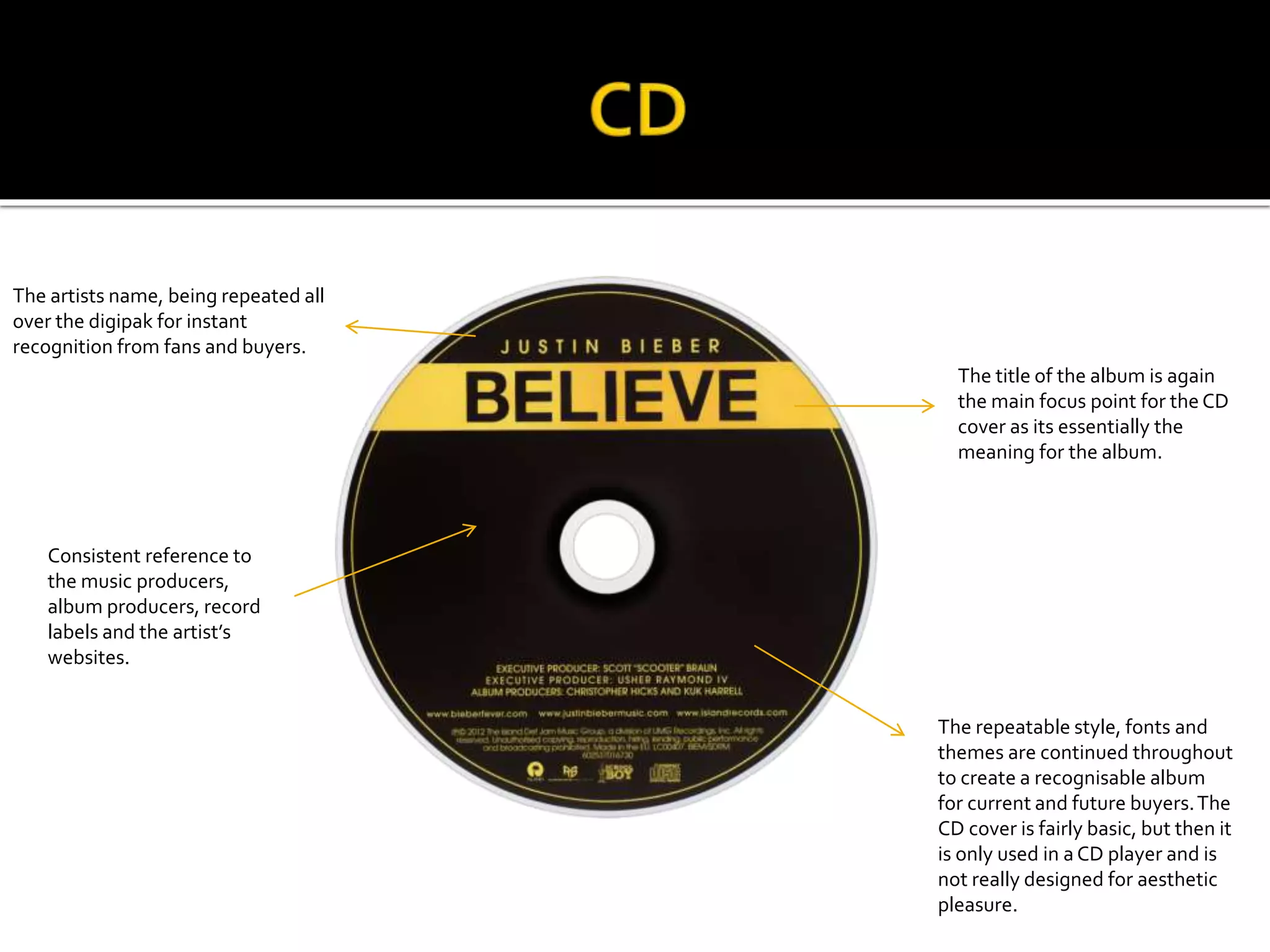 The title of the album is again
the main focus point for the CD
cover as its essentially the
meaning for the album.
The repeatable style, fonts and
themes are continued throughout
to create a recognisable album
for current and future buyers.The
CD cover is fairly basic, but then it
is only used in a CD player and is
not really designed for aesthetic
pleasure.
Consistent reference to
the music producers,
album producers, record
labels and the artist’s
websites.
The artists name, being repeated all
over the digipak for instant
recognition from fans and buyers.
 