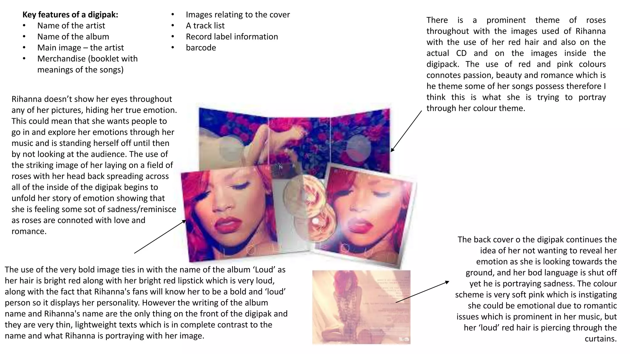 There is a prominent theme of roses
throughout with the images used of Rihanna
with the use of her red hair and also on the
actual CD and on the images inside the
digipack. The use of red and pink colours
connotes passion, beauty and romance which is
he theme some of her songs possess therefore I
think this is what she is trying to portray
through her colour theme.
Rihanna doesn’t show her eyes throughout
any of her pictures, hiding her true emotion.
This could mean that she wants people to
go in and explore her emotions through her
music and is standing herself off until then
by not looking at the audience. The use of
the striking image of her laying on a field of
roses with her head back spreading across
all of the inside of the digipak begins to
unfold her story of emotion showing that
she is feeling some sot of sadness/reminisce
as roses are connoted with love and
romance.
The use of the very bold image ties in with the name of the album ‘Loud’ as
her hair is bright red along with her bright red lipstick which is very loud,
along with the fact that Rihanna's fans will know her to be a bold and ‘loud’
person so it displays her personality. However the writing of the album
name and Rihanna's name are the only thing on the front of the digipak and
they are very thin, lightweight texts which is in complete contrast to the
name and what Rihanna is portraying with her image.
The back cover o the digipak continues the
idea of her not wanting to reveal her
emotion as she is looking towards the
ground, and her bod language is shut off
yet he is portraying sadness. The colour
scheme is very soft pink which is instigating
she could be emotional due to romantic
issues which is prominent in her music, but
her ‘loud’ red hair is piercing through the
curtains.
Key features of a digipak:
• Name of the artist
• Name of the album
• Main image – the artist
• Merchandise (booklet with
meanings of the songs)
• Images relating to the cover
• A track list
• Record label information
• barcode
 