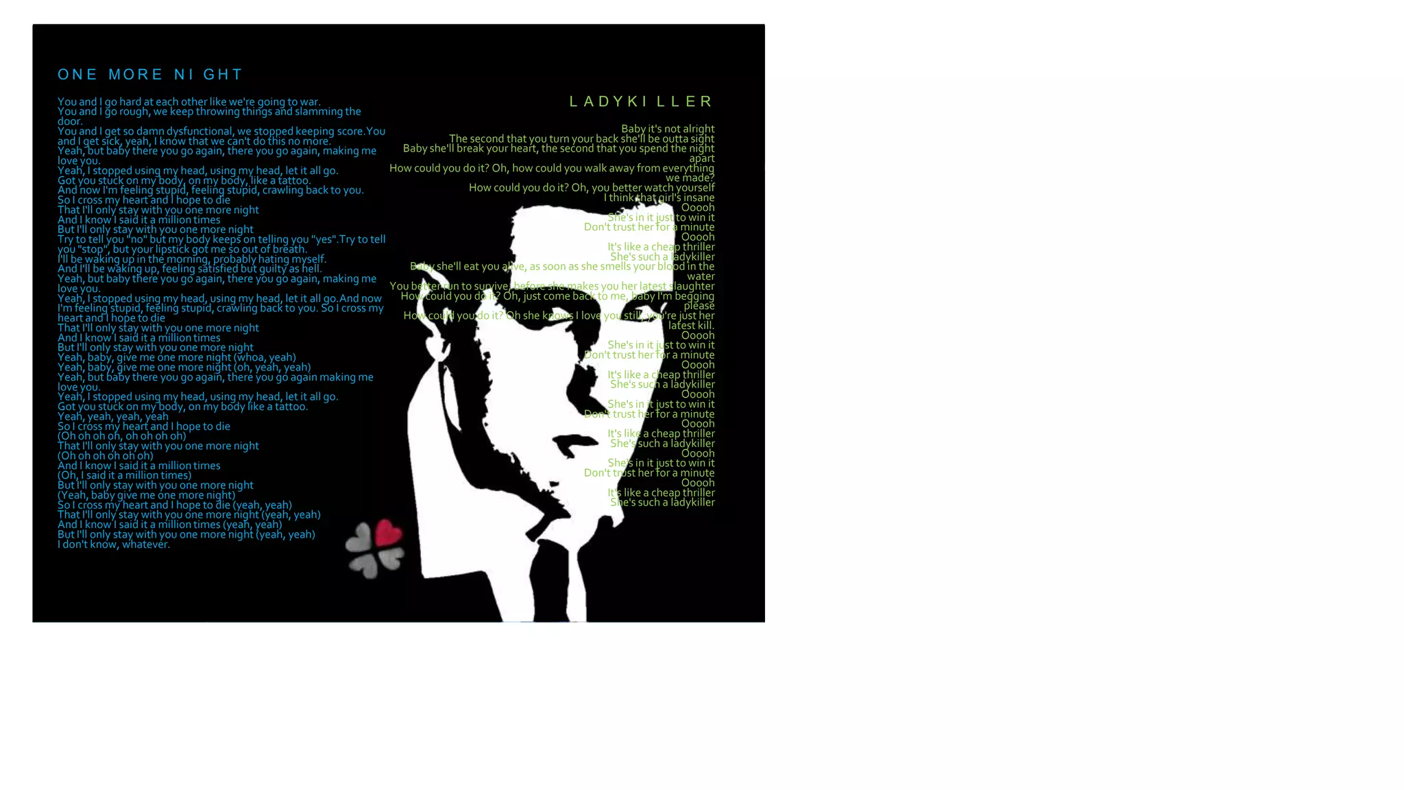 O N E M O R E N I G H T
You and I go hard at each other like we're going to war.
You and I go rough, we keep throwing things and slamming the
door.
You and I get so damn dysfunctional, we stopped keeping score.You
and I get sick, yeah, I know that we can't do this no more.
Yeah, but baby there you go again, there you go again, making me
love you.
Yeah, I stopped using my head, using my head, let it all go.
Got you stuck on my body, on my body, like a tattoo.
And now I'm feeling stupid, feeling stupid, crawling back to you.
So I cross my heart and I hope to die
That I'll only stay with you one more night
And I know I said it a million times
But I'll only stay with you one more night
Try to tell you "no" but my body keeps on telling you "yes".Try to tell
you "stop", but your lipstick got me so out of breath.
I'll be waking up in the morning, probablyhating myself.
And I'll be waking up, feeling satisfied but guilty as hell.
Yeah, but baby there you go again, there you go again, making me
love you.
Yeah, I stopped using my head, using my head, let it all go.And now
I'm feeling stupid, feeling stupid, crawling back to you. So I cross my
heart and I hope to die
That I'll only stay with you one more night
And I know I said it a million times
But I'll only stay with you one more night
Yeah, baby, give me one more night (whoa, yeah)
Yeah, baby, give me one more night (oh, yeah, yeah)
Yeah, but baby there you go again, there you go again making me
love you.
Yeah, I stopped using my head, using my head, let it all go.
Got you stuck on my body, on my body like a tattoo.
Yeah, yeah, yeah, yeah
So I cross my heart and I hope to die
(Oh oh oh oh, oh oh oh oh)
That I'll only stay with you one more night
(Oh oh oh oh oh oh)
And I know I said it a million times
(Oh, I said it a million times)
But I'll only stay with you one more night
(Yeah, baby give me one more night)
So I cross my heart and I hope to die (yeah, yeah)
That I'll only stay with you one more night (yeah, yeah)
And I know I said it a million times (yeah, yeah)
But I'll only stay with you one more night (yeah, yeah)
I don't know, whatever.
L A D Y K I L L E R
Baby it's not alright
The second that you turn your back she'll be outta sight
Baby she'll break your heart, the second that you spend the night
apart
How could you do it? Oh, how could you walk away from everything
we made?
How could you do it? Oh, you better watch yourself
I think that girl's insane
Ooooh
She's in it just to win it
Don't trust her for a minute
Ooooh
It's like a cheap thriller
She's such a ladykiller
Baby she'll eat you alive, as soon as she smells your blood in the
water
You better run to survive, before she makes you her latest slaughter
How could you do it? Oh, just come back to me, baby I'm begging
please
How could you do it? Oh she knows I love you still, you're just her
latest kill.
Ooooh
She's in it just to win it
Don't trust her for a minute
Ooooh
It's like a cheap thriller
She's such a ladykiller
Ooooh
She's in it just to win it
Don't trust her for a minute
Ooooh
It's like a cheap thriller
She's such a ladykiller
Ooooh
She's in it just to win it
Don't trust her for a minute
Ooooh
It's like a cheap thriller
She's such a ladykiller
 