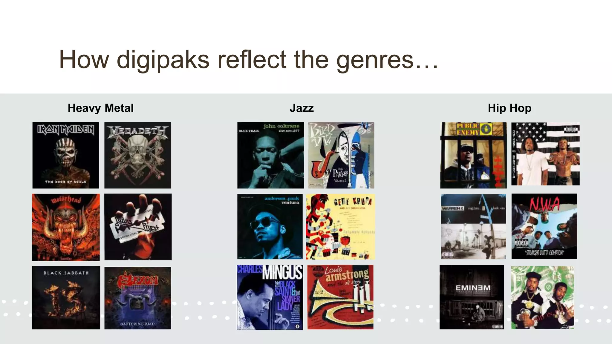 How digipaks reflect the genres…
Heavy Metal Jazz Hip Hop
 