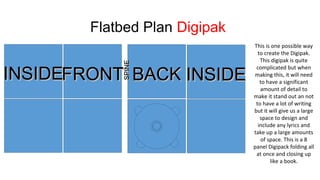 SPINE

Flatbed Plan Digipak

INSIDEFRONT BACK INSIDE

This is one possible way
to create the Digipak.
This digipak is quite
complicated but when
making this, it will need
to have a significant
amount of detail to
make it stand out an not
to have a lot of writing
but it will give us a large
space to design and
include any lyrics and
take up a large amounts
of space. This is a 8
panel Digipack folding all
at once and closing up
like a book.

 