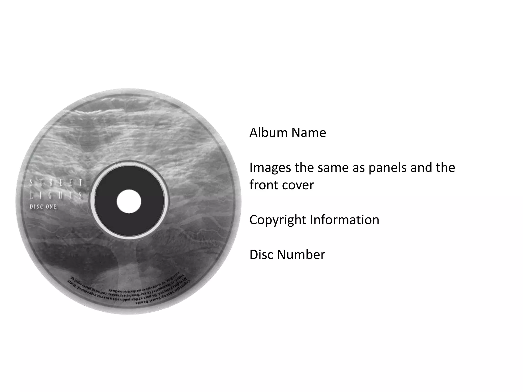 Album Name
Images the same as panels and the
front cover
Copyright Information
Disc Number
 