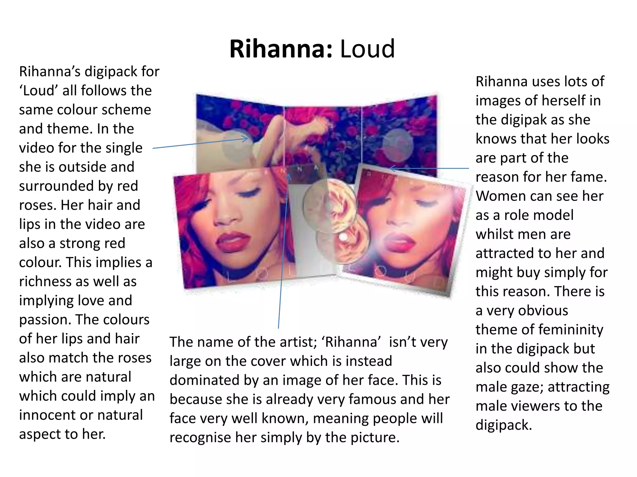 Rihanna: Loud
Rihanna’s digipack for
‘Loud’ all follows the
same colour scheme
and theme. In the
video for the single
she is outside and
surrounded by red
roses. Her hair and
lips in the video are
also a strong red
colour. This implies a
richness as well as
implying love and
passion. The colours
of her lips and hair
also match the roses
which are natural
which could imply an
innocent or natural
aspect to her.
The name of the artist; ‘Rihanna’ isn’t very
large on the cover which is instead
dominated by an image of her face. This is
because she is already very famous and her
face very well known, meaning people will
recognise her simply by the picture.
Rihanna uses lots of
images of herself in
the digipak as she
knows that her looks
are part of the
reason for her fame.
Women can see her
as a role model
whilst men are
attracted to her and
might buy simply for
this reason. There is
a very obvious
theme of femininity
in the digipack but
also could show the
male gaze; attracting
male viewers to the
digipack.
 
