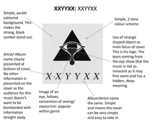 Simple, pastel
coloured
background. This
makes the
strong, black
symbol stand out.
Artist/ Album
name clearly
presented at
bottom of cover.
No other
information is
presented on the
cover as the
audience for this
music doesn’t
want to be
bombarded with
information
straight away.
Simple, 2 tone
colour scheme
Use of strange
shaped object as
main focus of cover.
This is his logo. The
tears coming from
the eye show that the
music is not as
innocent as it may
first seem and has a
hidden, deep
meaning.
Image of an
eye, follows
convention of seeing/
voyeurism- popular
within genre
XXYYXX: XXYYXX
Album/Artist name
the same. Simple
and means the cover
can be very simple
and easy to take in.
 