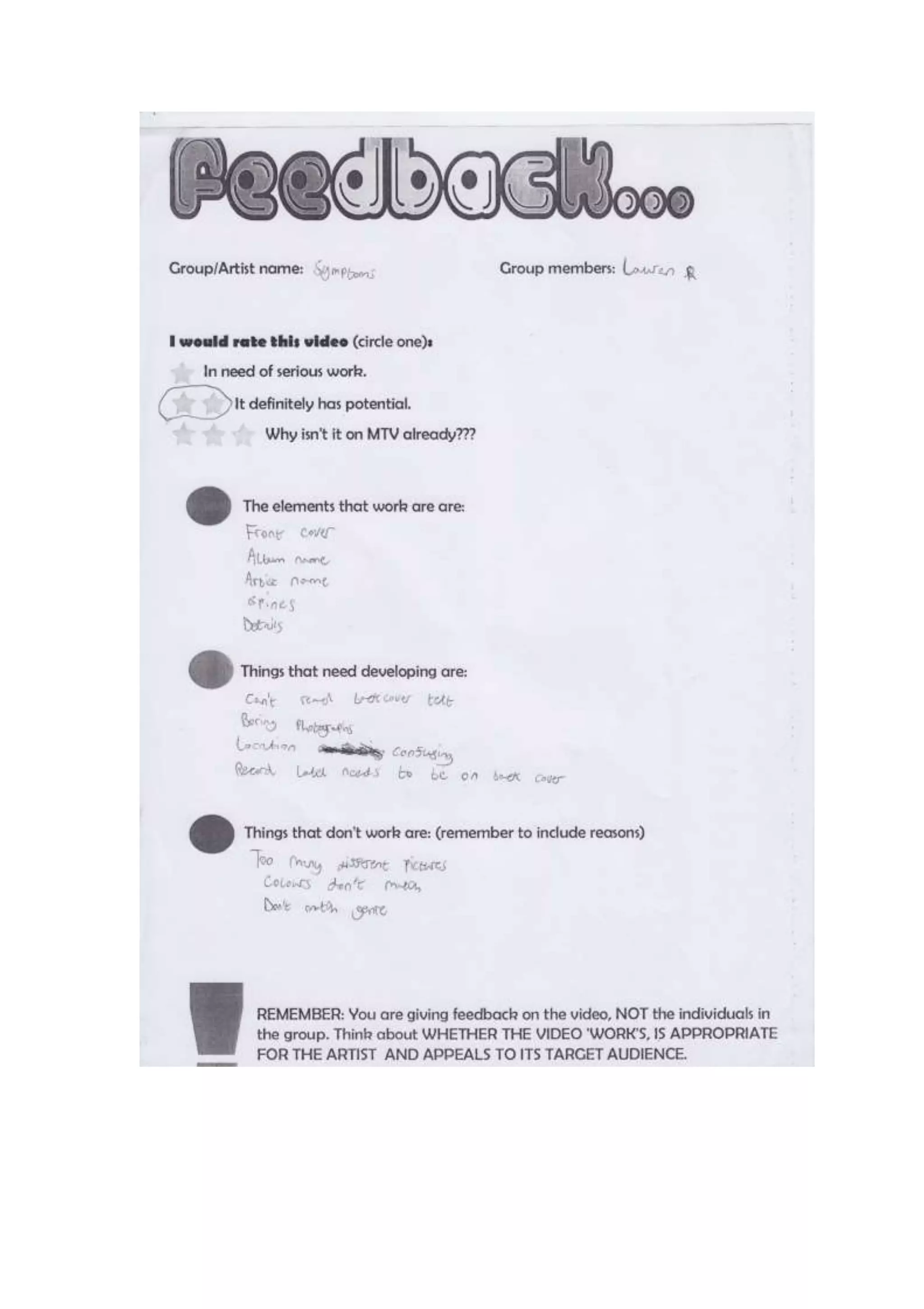 Digipak feedback - Symptoms