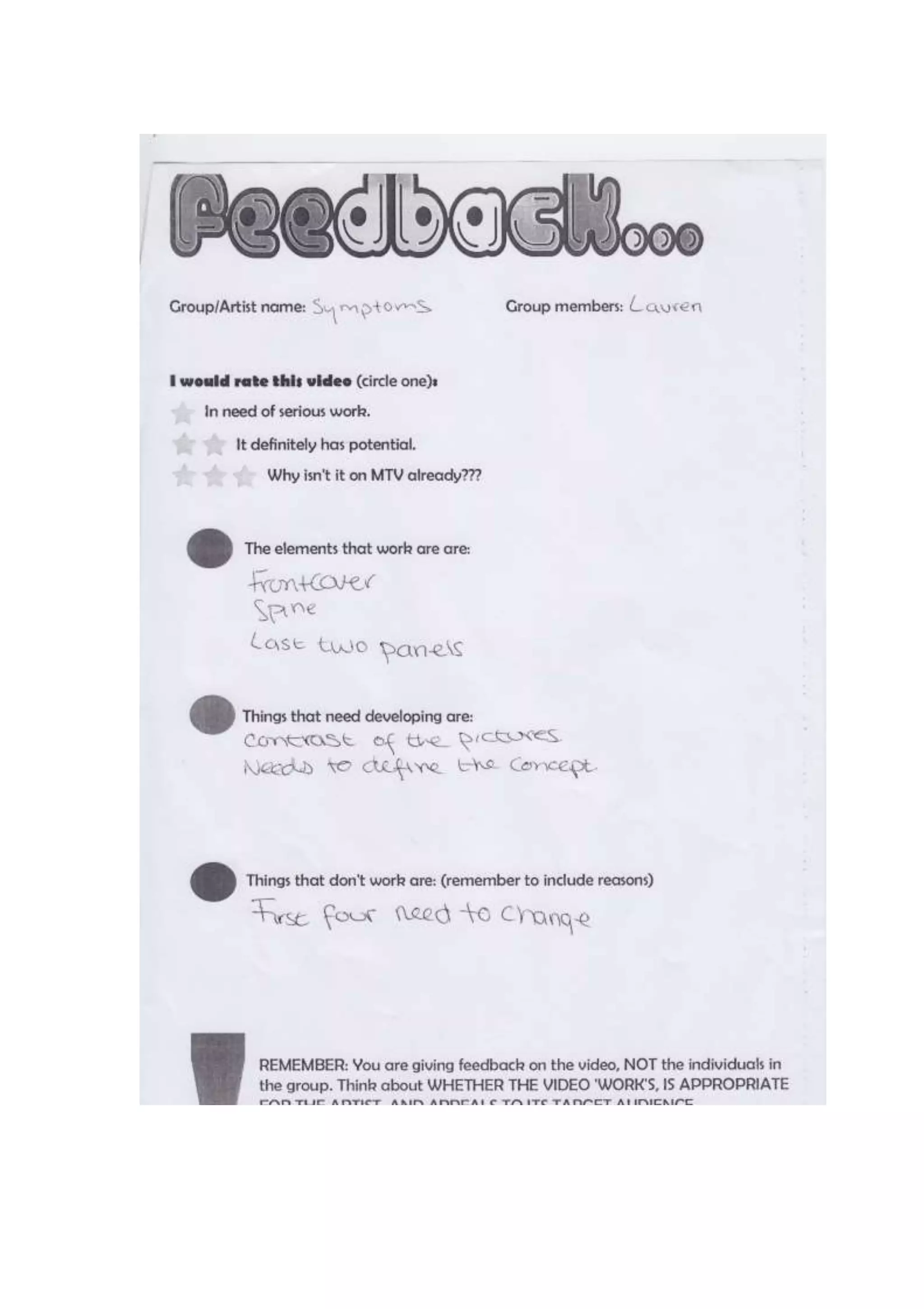 Digipak feedback - Symptoms