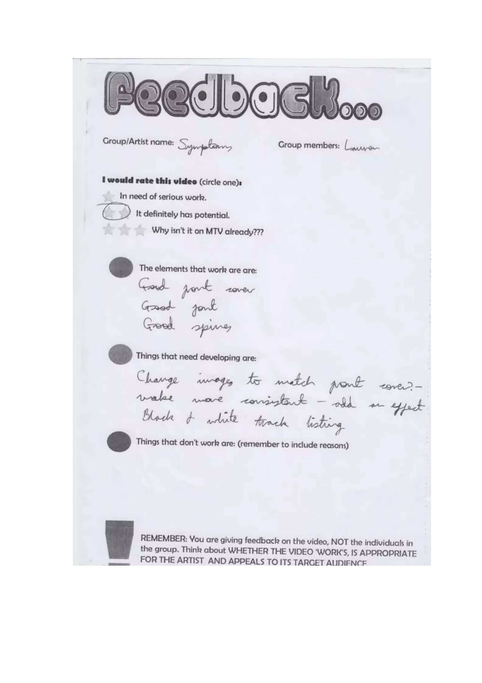 Digipak feedback - Symptoms