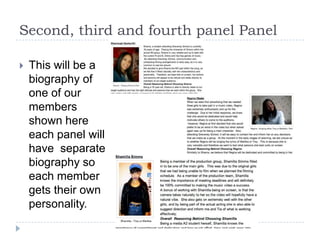 Second, third and fourth panel Panel

   This will be a
    biography of
    one of our
    members
    shown here
    each panel will
    have separate
    biography so
    each member
    gets their own
    personality.
 