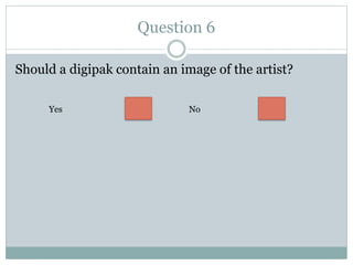 Question 6
Should a digipak contain an image of the artist?
Yes No
 