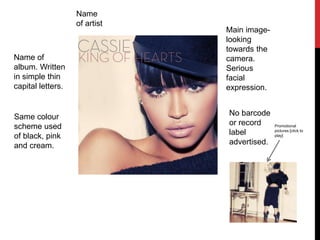 Name of
album. Written
in simple thin
capital letters.
Name
of artist
Main image-
looking
towards the
camera.
Serious
facial
expression.
Same colour
scheme used
of black, pink
and cream.
No barcode
or record
label
advertised.
Promotional
pictures [click to
play]
 
