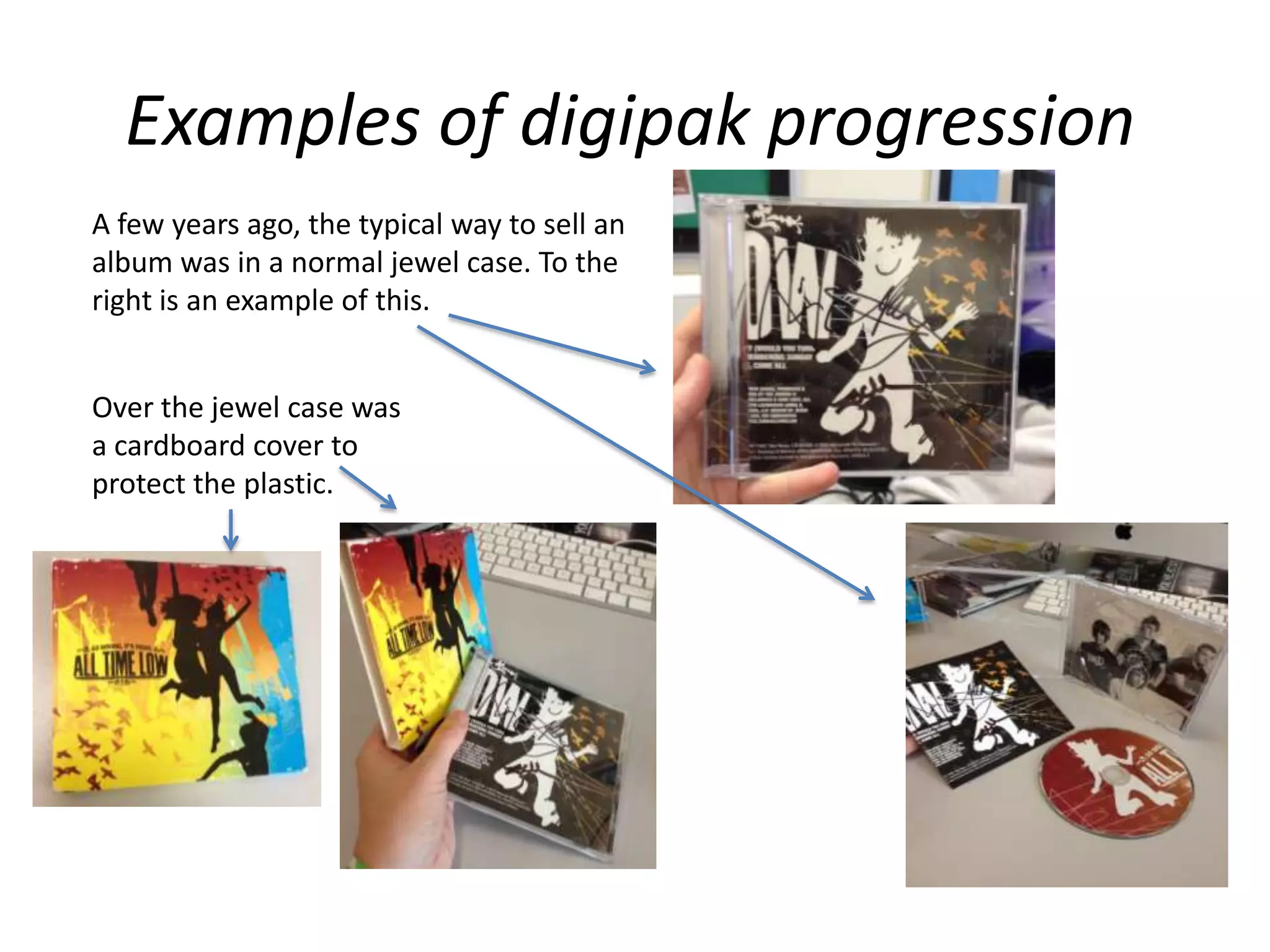 Examples of digipak progression
A few years ago, the typical way to sell an
album was in a normal jewel case. To the
right is an example of this.

Over the jewel case was
a cardboard cover to
protect the plastic.

 