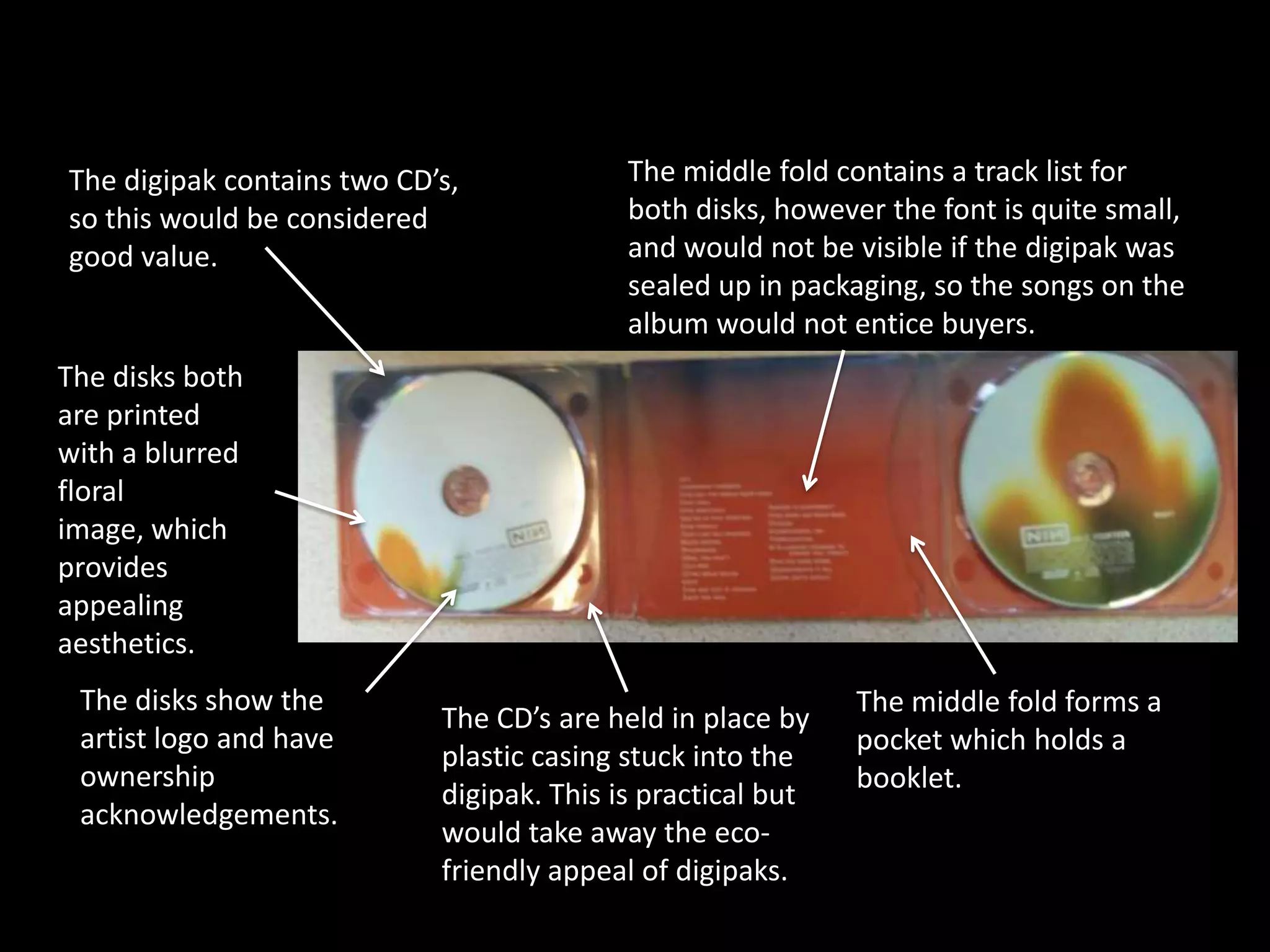 The digipak contains two CD’s,             The middle fold contains a track list for
so this would be considered                both disks, however the font is quite small,
good value.                                and would not be visible if the digipak was
                                           sealed up in packaging, so the songs on the
                                           album would not entice buyers.
The disks both
are printed
with a blurred
floral
image, which
provides
appealing
aesthetics.
 The disks show the                                          The middle fold forms a
                            The CD’s are held in place by
 artist logo and have                                        pocket which holds a
                            plastic casing stuck into the
 ownership                                                   booklet.
                            digipak. This is practical but
 acknowledgements.
                            would take away the eco-
                            friendly appeal of digipaks.
 