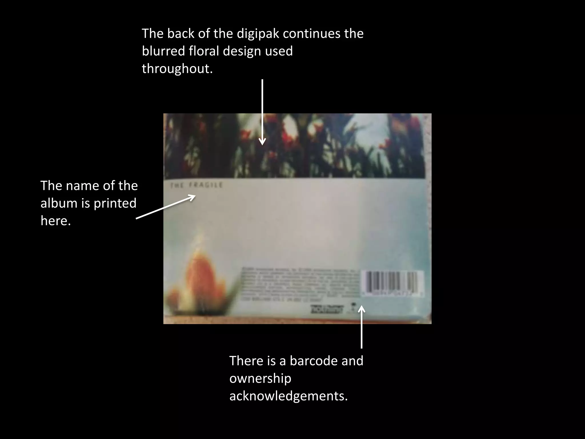 The back of the digipak continues the
                   blurred floral design used
                   throughout.




The name of the
album is printed
here.




                                 There is a barcode and
                                 ownership
                                 acknowledgements.
 