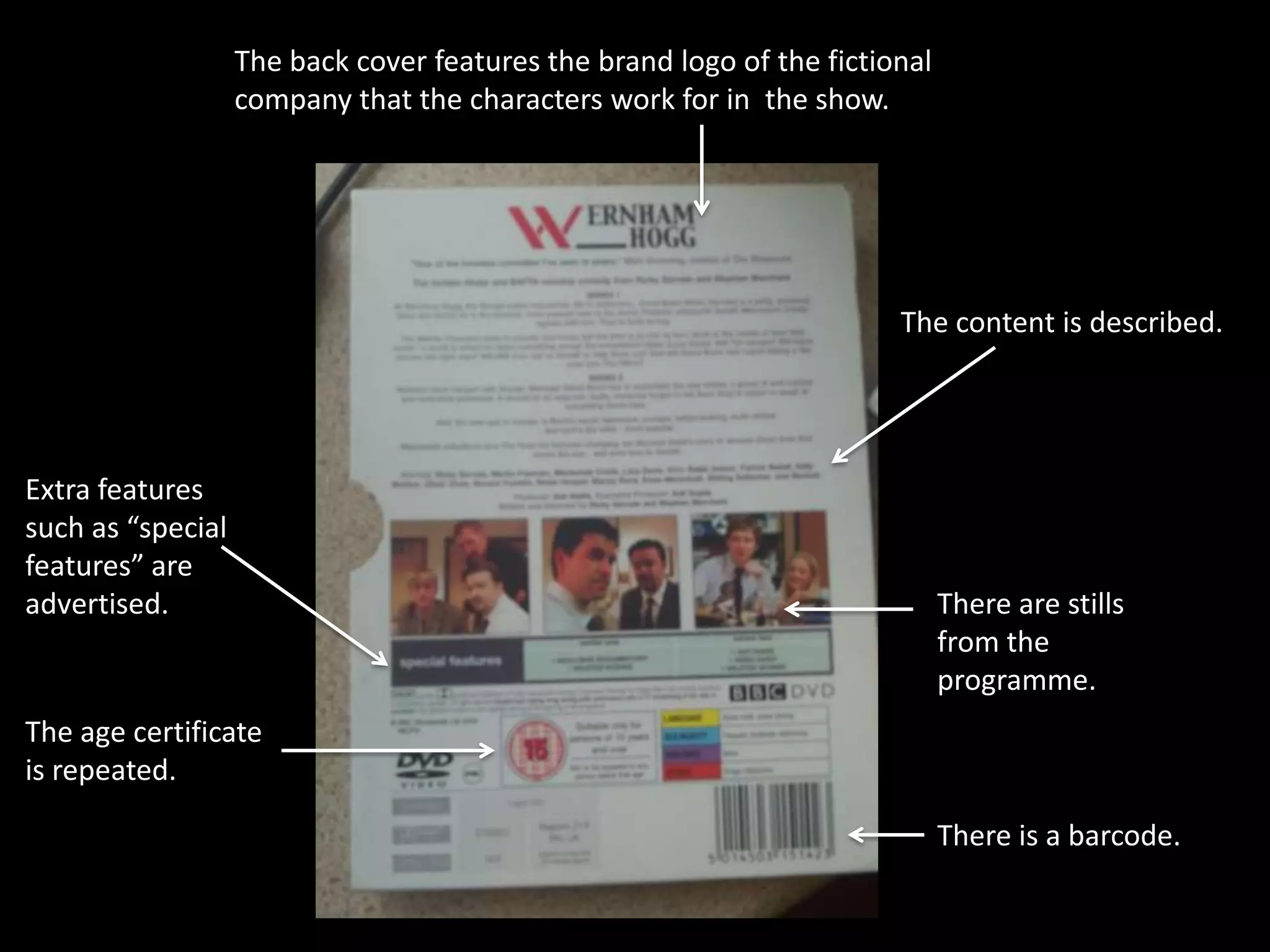 The back cover features the brand logo of the fictional
                   company that the characters work for in the show.




                                                                       The content is described.




Extra features
such as “special
features” are
advertised.                                                                  There are stills
                                                                             from the
                                                                             programme.
The age certificate
is repeated.

                                                                             There is a barcode.
 