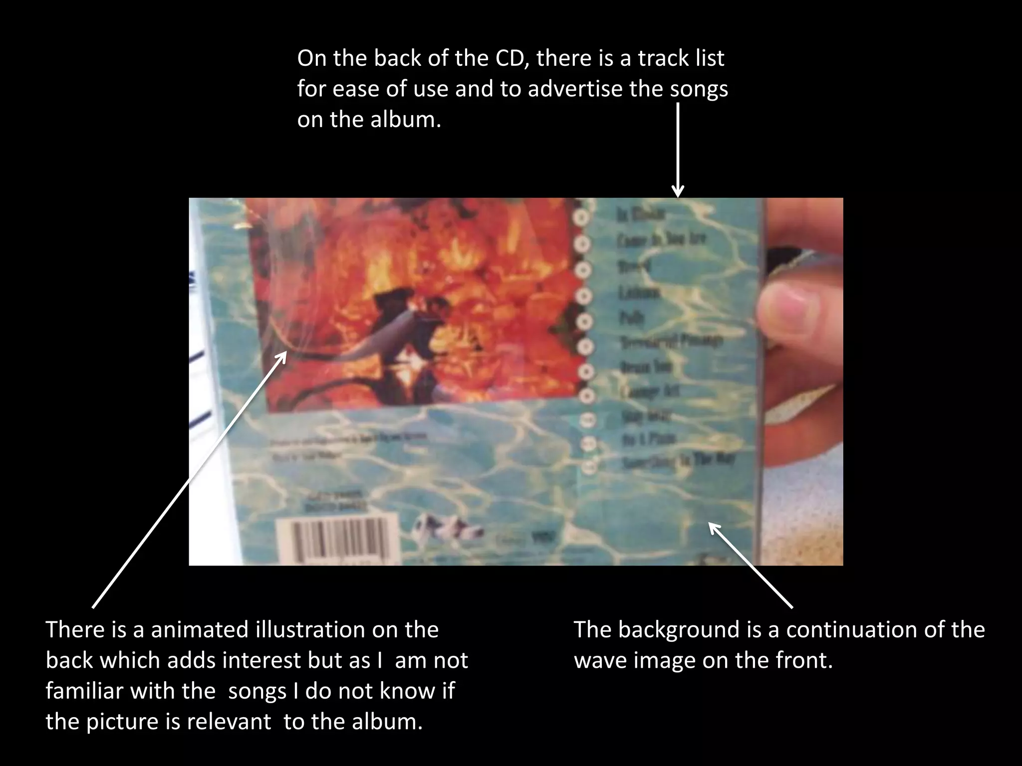 On the back of the CD, there is a track list
                       for ease of use and to advertise the songs
                       on the album.




There is a animated illustration on the            The background is a continuation of the
back which adds interest but as I am not           wave image on the front.
familiar with the songs I do not know if
the picture is relevant to the album.
 