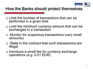 How the Banks should protect themselves

   Limit the number of transactions that can be
    performed in a given time
 ...