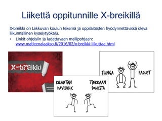 Liikettä oppitunnille X-breikillä
X-breikki on Liikkuvan koulun tekemä ja oppilaitosten hyödynnettävissä oleva
liikunnallinen kyselytyökalu.
• Linkit ohjeisiin ja ladattavaan mallipohjaan:
www.matleenalaakso.fi/2016/02/x-breikki-liikuttaa.html
 