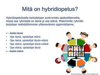 Mitä on hybridiopetus?
Hybridiopetuksella tarkoitetaan synkronista opetustilannetta,
missä osa ryhmästä on läsnä ja osa etänä. Molemmille ryhmille
tarjotaan mahdollisimman yhteneväinen oppimistilanne.
• Kaikki läsnä
• Ope läsnä, opiskelijat etänä
• Ope läsnä, opiskelijat läsnä+etänä
• Ope etänä, opiskelijat läsnä+etänä
• Ope etänä, opiskelijat läsnä
• Kaikki etänä
Kuvat: lkurtz18 & harishs, CC0, pixabay.com
 