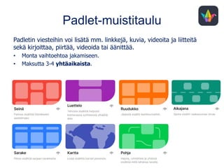 Padlet-muistitaulu
Padletin viesteihin voi lisätä mm. linkkejä, kuvia, videoita ja liitteitä
sekä kirjoittaa, piirtää, videoida tai äänittää.
• Monta vaihtoehtoa jakamiseen.
• Maksutta 3-4 yhtäaikaista.
 