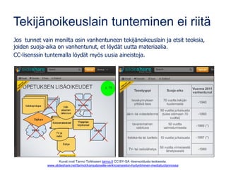 Tekijänoikeuslain tunteminen ei riitä
Jos tunnet vain monilta osin vanhentuneen tekijänoikeuslain ja etsit teoksia,
joiden suoja-aika on vanhentunut, et löydät uutta materiaalia.
CC-lisenssin tuntemalla löydät myös uusia aineistoja.
Kuvat ovat Tarmo Toikkasen tarmo.fi CC BY-SA -lisensoidusta teoksesta:
www.slideshare.net/tarmot/kansalaiselle-verkkoaineiston-hydyntminen-mediatuotannossa
 