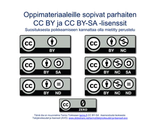 Tämä dia on muunnelma Tarmo Toikkasen tarmo.fi CC BY-SA -lisensoidusta teoksesta:
Tekijänoikeudet ja lisenssit (AVO): www.slideshare.net/tarmot/tekijnoikeudet-ja-lisenssit-avo
Oppimateriaaleille sopivat parhaiten
CC BY ja CC BY-SA -lisenssit
Suosituksesta poikkeamiseen kannattaa olla mietitty perustelu
 