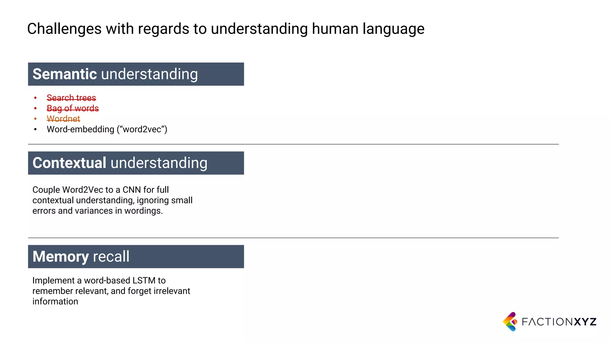 Challenges with regards to understanding human language
Semantic understanding
• Search trees
• Bag of words
• Wordnet
• Word-embedding (“word2vec”)
Contextual understanding
Memory recall
Couple Word2Vec to a CNN for full
contextual understanding, ignoring small
errors and variances in wordings.
Implement a word-based LSTM to
remember relevant, and forget irrelevant
information
 