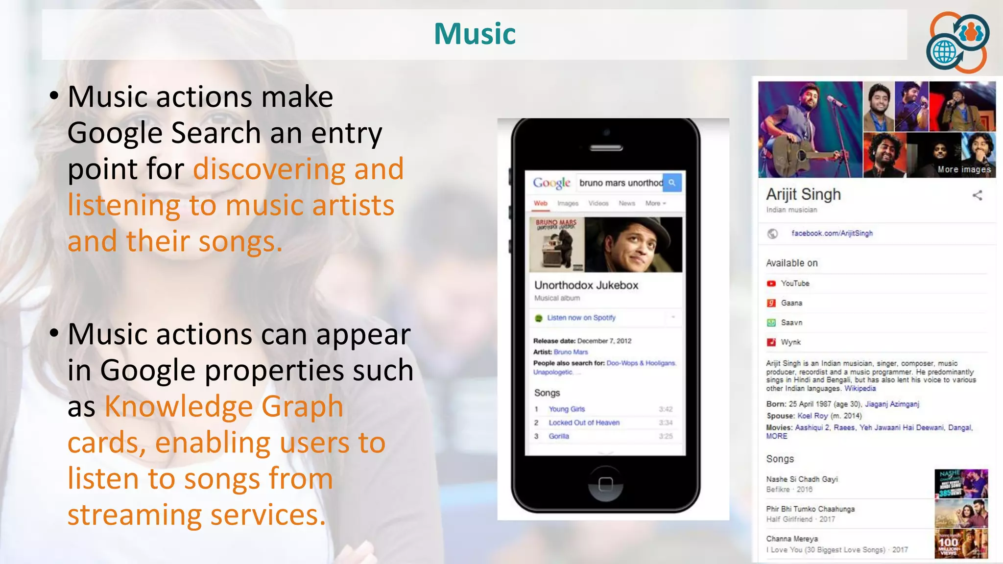 Music
• Music actions make
Google Search an entry
point for discovering and
listening to music artists
and their songs.
• Music actions can appear
in Google properties such
as Knowledge Graph
cards, enabling users to
listen to songs from
streaming services.
 