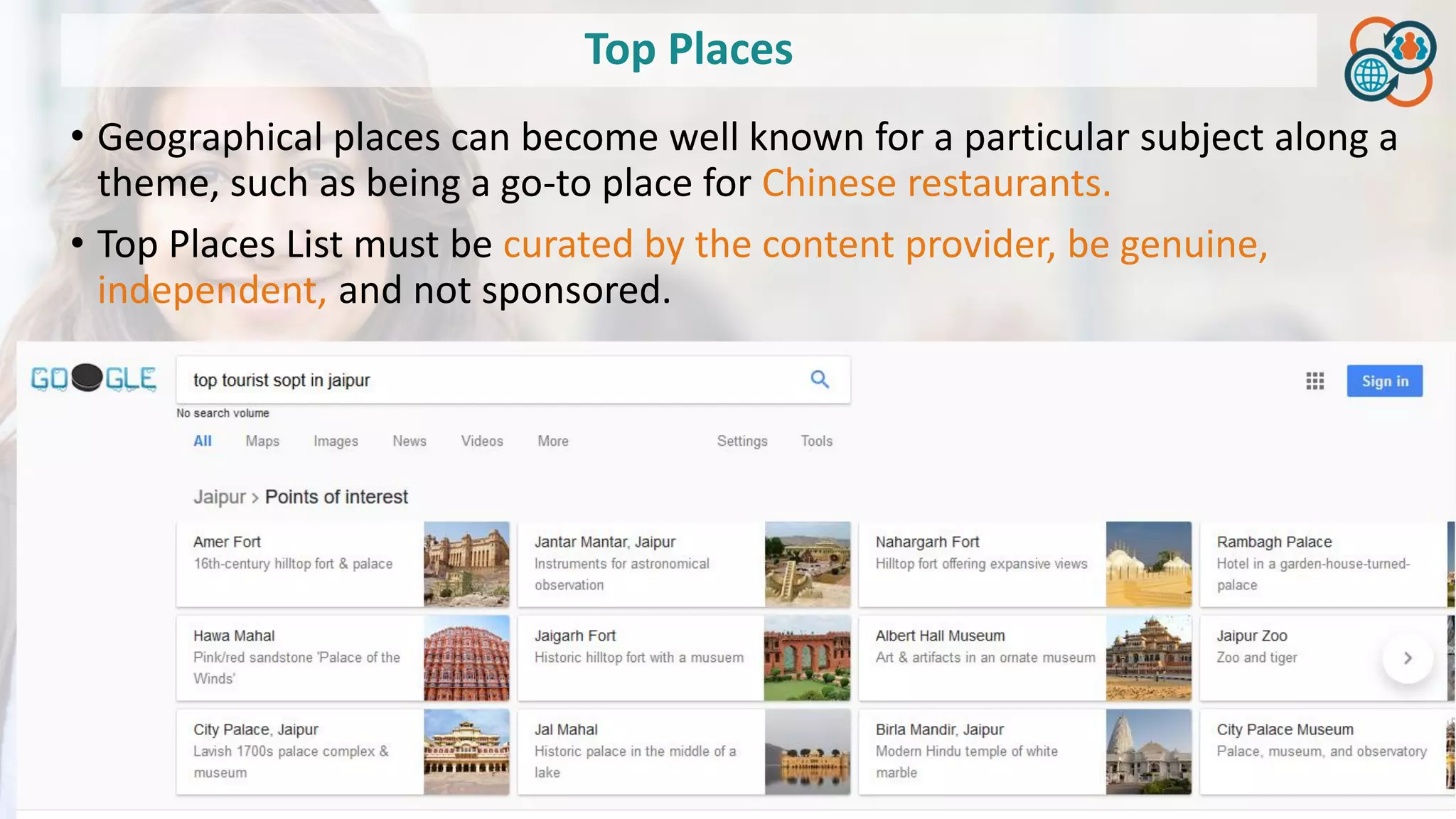 Top Places
• Geographical places can become well known for a particular subject along a
theme, such as being a go-to place for Chinese restaurants.
• Top Places List must be curated by the content provider, be genuine,
independent, and not sponsored.
 