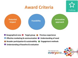 Award Criteria 
Potential 
impact 
Innovative 
approach 
Feasibility 
Geographical area Target group Previous experience 
Effective marketing & communication Understanding of need 
Broader participation & sustainability Engagement methods 
Understanding of baseline & evaluation 
 