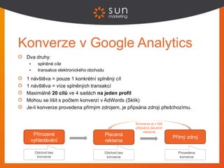 Konverze v Google Analytics
Dva druhy:
 splněné cíle
 transakce elektronického obchodu
1 návštěva = pouze 1 konkrétní sp...