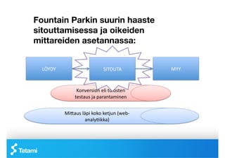 Fountain Parkin suurin haaste
sitouttamisessa ja oikeiden
mittareiden asetannassa:


  LÖYDY	
                             SITOUTA	
           MYY	
 



                     Konversion	
 eli	
 tulosten	
 
                    testaus	
 ja	
 parantaminen	
 


              MiAaus	
 läpi	
 koko	
 ketjun	
 (web-­‐
                          analyIikka)	
 	
 
 